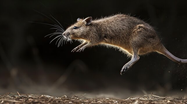 Broad-faced potoroo in mid-leap, showcasing its agility and energy. The photograph utilizes high-speed shutter techniques to freeze the moment
