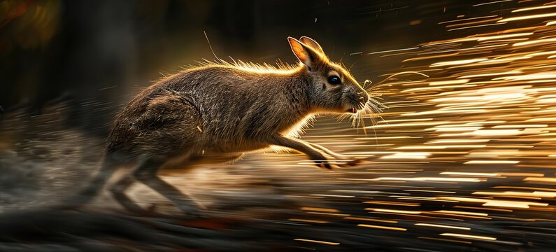 Broad-faced potoroo in mid-leap, showcasing its agility and energy. The photograph utilizes high-speed shutter techniques to freeze the moment