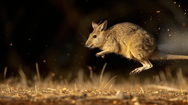 Broad-faced potoroo in mid-leap, showcasing its agility and energy. The photograph utilizes high-speed shutter techniques to freeze the moment