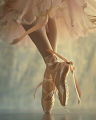 Elegance of a dancer's feet mid-pirouette, adorned in intricate ballet shoes with ribbons gracefully entwined. The image is bathed in soft, pastel hues, highlighting the finesse of fancy footwork.
