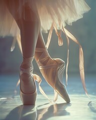 Elegance of a dancer's feet mid-pirouette, adorned in intricate ballet shoes with ribbons gracefully entwined. The image is bathed in soft, pastel hues, highlighting the finesse of fancy footwork.