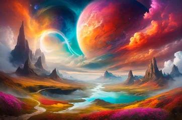 Foto op Canvas Planet with swirling clouds and colorful landscapes. Generative AI © Denis Lytiagin