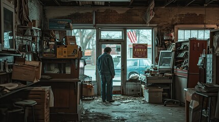 Small business owner closing shop during a recession, capturing the financial challenges faced by entrepreneurs.