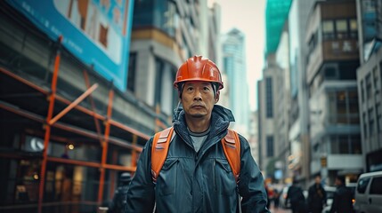 Determined worker striding purposefully through a bustling city, capturing the essence of urban hustle. The authentic atmosphere and candid moment.