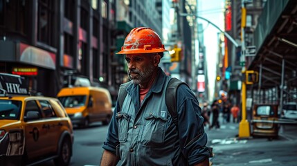 Determined worker striding purposefully through a bustling city, capturing the essence of urban hustle. The authentic atmosphere and candid moment.