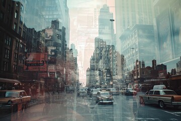 Double-exposure image blending a modern cityscape with old-fashioned advertisements, creating a surreal fusion of past and present. - obrazy, fototapety, plakaty
