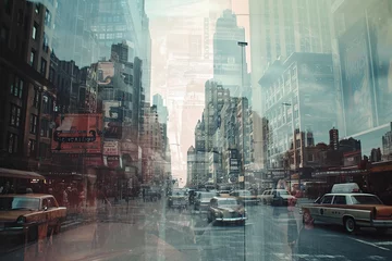 Foto op Canvas Double-exposure image blending a modern cityscape with old-fashioned advertisements, creating a surreal fusion of past and present. © Oskar Reschke