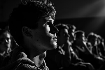 Black and white photograph capturing the intensity of a hardcore college student immersed in a heated debate or presentation. - obrazy, fototapety, plakaty