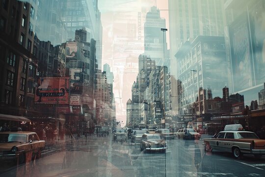 Double-exposure image blending a modern cityscape with old-fashioned advertisements, creating a surreal fusion of past and present.