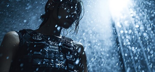 Beautiful woman wearing a bulletproof vest while standing confidently in the pouring rain. - obrazy, fototapety, plakaty
