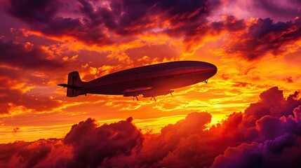 Naklejka na ściany i meble Majestic zeppelin soaring through a fiery sunset sky, its sleek silhouette outlined against vibrant hues of orange and purple.