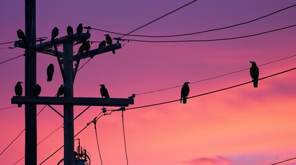 Murder of crows perched on city power lines, creating a striking silhouette against the evening sky.