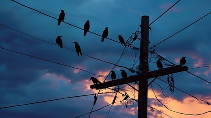 Murder of crows perched on city power lines, creating a striking silhouette against the evening sky. - obrazy, fototapety, plakaty