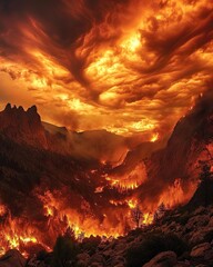 Intense flames of a scorching wildfire, with the orange and red hues dominating the landscape. The...