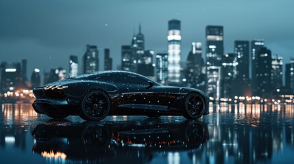 Sleek silhouette of a luxury car covered in a glossy black ice-like coating, parked against a backdrop of a modern urban skyline at night. The reflections of city lights on the glossy surface. - obrazy, fototapety, plakaty