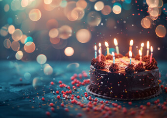 A chocolate birthday cake with colorful candles on blue bokeh background, copy space for text - obrazy, fototapety, plakaty