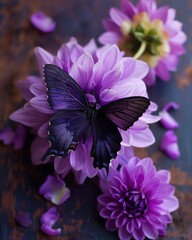 purple dahlia flowers and and dark purple butterfly. 
