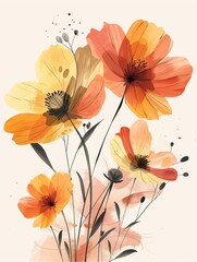 Elegant vector depiction of yellow and peach cosmos flowers, employing minimalist lines and muted colors to create a serene ambiance against a white backdrop, reminiscent of watercolor paintings.