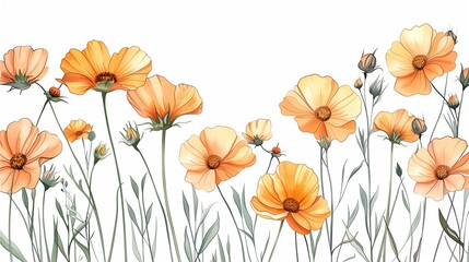 Hand-crafted illustration showcasing the beauty of peach and yellow cosmos flowers, with meticulous lines, set against a pristine white background and soft hues.