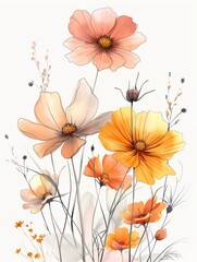 Watercolor crafted illustration showcasing yellow and pink cosmos flowers with minimalist strokes and subtle colors against a pristine white background.