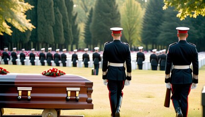 A solemn military funeral procession with marines in dress uniforms carrying a casket, amidst a background of saluting servicemen.. AI Generation