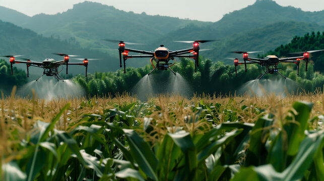 Agricultural drones spraying crops in green farmland. Futuristic high-tech agriculture concept.
