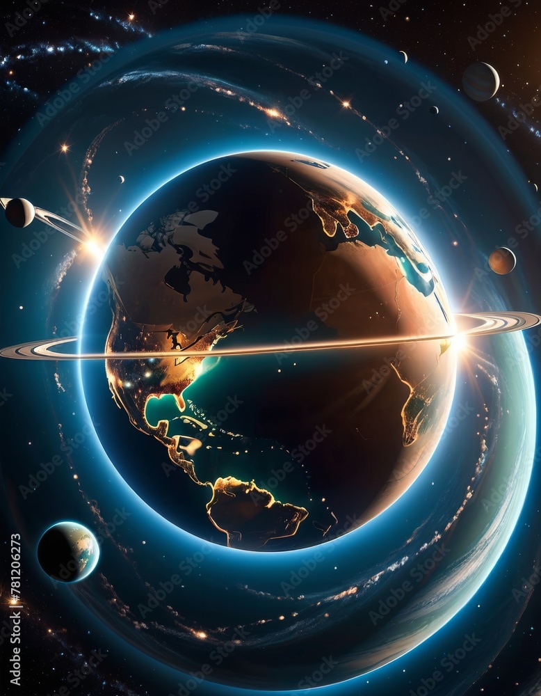 Poster a digital creation of earth enveloped in a radiant blue aura, with neighboring planets and glowing o