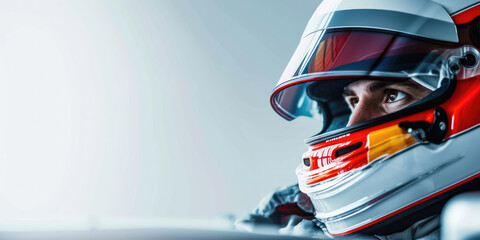 Formula 1 pilot in helmet and racing suit on white background