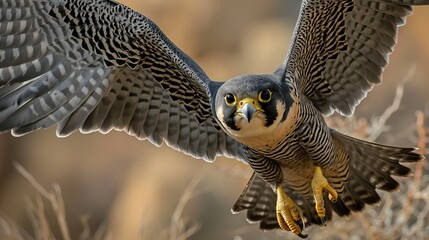 Intense Gaze of a Peregrine Falcon in Mid-Flight with Detailed Wing Span