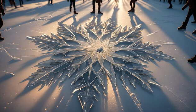 Menschen stehen auf einer Eisfläche zusammen im warmen Sonne Licht der Abenddämmerung in goldener Stunde um einen Kristall Stern wie eine Schneeflocke magisch glänzend weihnachtliche Festtage Stimmung