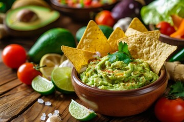 A bowl of guacamole with tortilla chips and vegetables. The bowl is on a wooden table