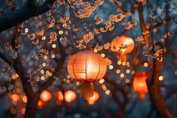 A tree with many orange asian. anterns hanging from its branches. The lanterns are lit up and...