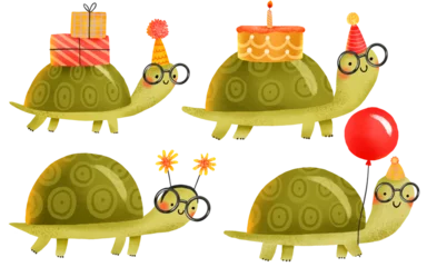 Set of cartoon turtles celebrating  birthday. Collection. Hand drawn holiday illustration on isolated background © Ilona