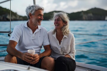 An elder couple is sitting on a boat, smiling and holding cups. Scene is happy and relaxed