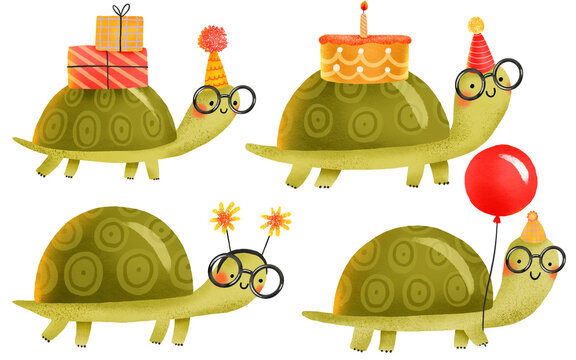 Set of cartoon turtles celebrating  birthday. Collection. Hand drawn holiday illustration on isolated background