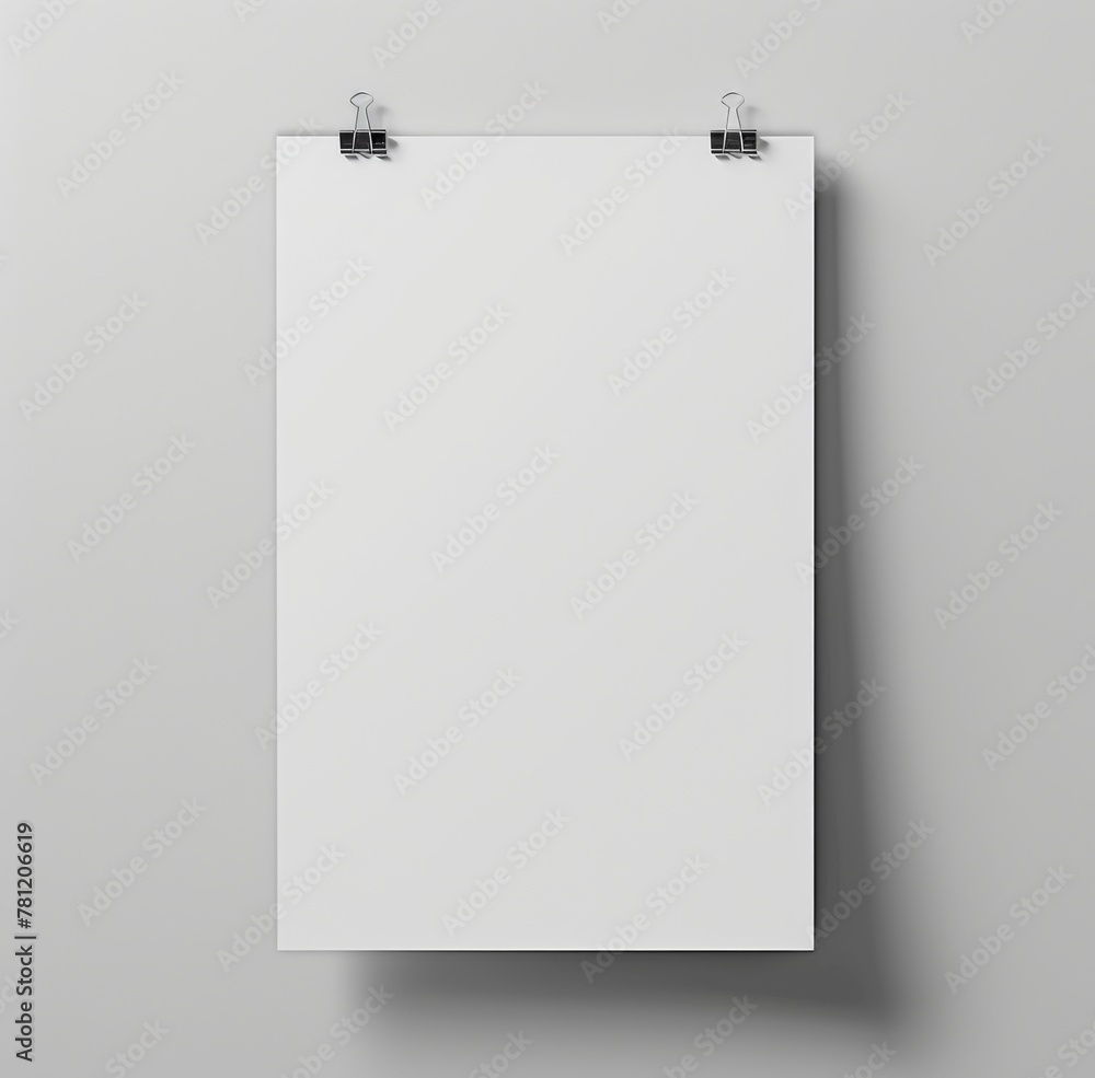 Poster a white paper with clips hanging from it. the paper is empty and has no writing on it