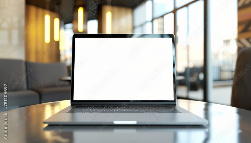 Poster a laptop is open on a table with a white screen. the laptop is placed on a table in a room with a wi