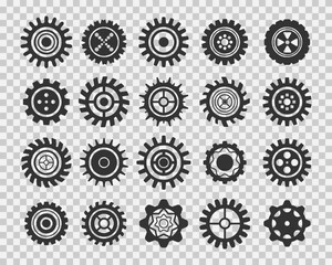 Cogs and gears icon set, mechanism or machinery symbol. Retro gears icon collection. Can be used for industrial, technical, mechanical and steampunk design. Flat design.
