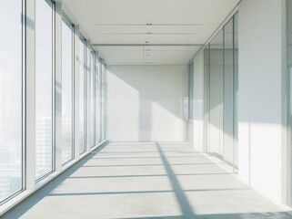 A large, empty room with a lot of windows. The room is very bright and open, with a lot of natural light coming in. The walls are white, and the floor is made of concrete