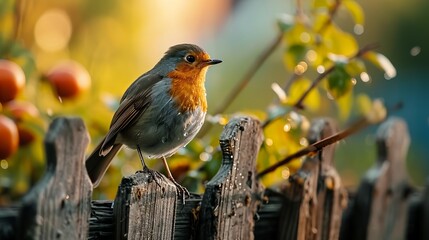 European Robin Perched on Rustic Wooden Fence Amidst Lush Greenery and Ripening Apples in Golden Hour Light