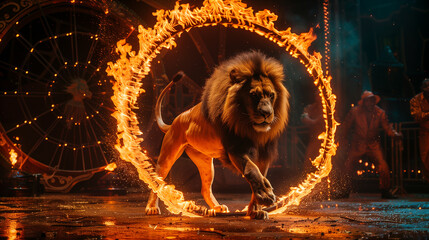 A circus animal showing troupe performing a lion jumping through a ring of fire - obrazy, fototapety, plakaty