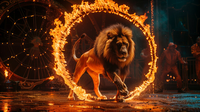 A circus animal showing troupe performing a lion jumping through a ring of fire
