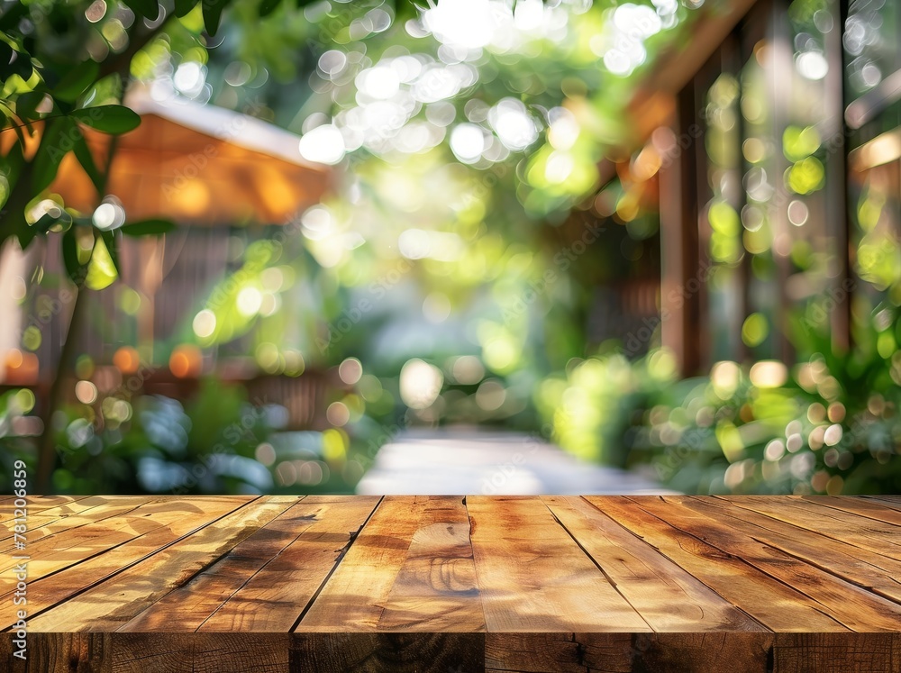 Poster a wooden table with a view of a lush green garden. the table is empty and the view is blurry, giving