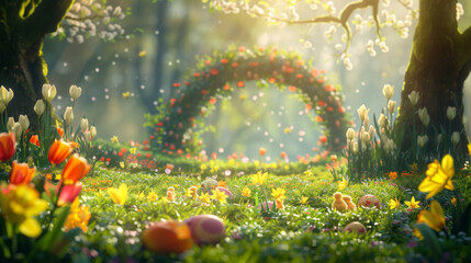 Beautiful Easter scene with small yellow chicks on the grass, colorful eggs and flowers in front of an archway