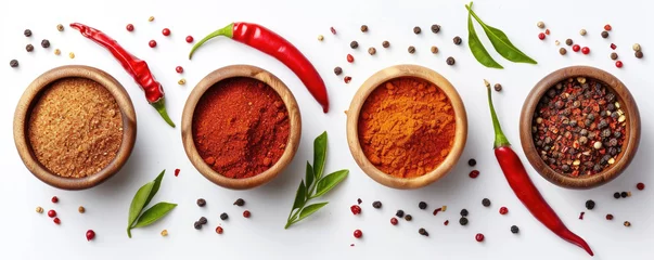 Fototapeten An assortment of spices including turmeric, paprika, and peppercorns in terracotta bowls, adorned with fresh herbs and red chili peppers on a white backdrop.   © Александр Марченко