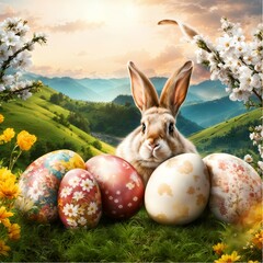 Easter eggs and bunny in picturesque place