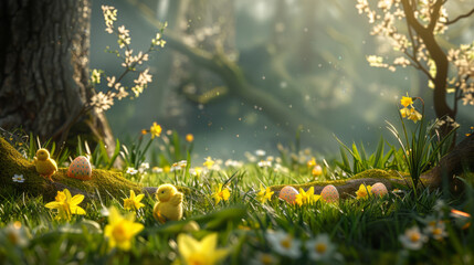 Fototapeta premium Beautiful Easter scene with small yellow chicks on the grass, colorful eggs and flowers in front of an archway