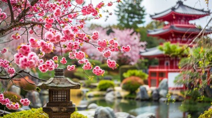 Obraz premium photo of traditional Japanese garden with cherry blossoms and a pagoda in the background