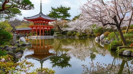 Fototapeta premium photo of traditional Japanese garden with cherry blossoms and a pagoda in the background