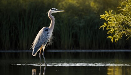 A regal great heron stands in shallow waters against a backdrop of lush reeds, the setting sun casting a warm glow over its elegant plumage.. AI Generation - obrazy, fototapety, plakaty